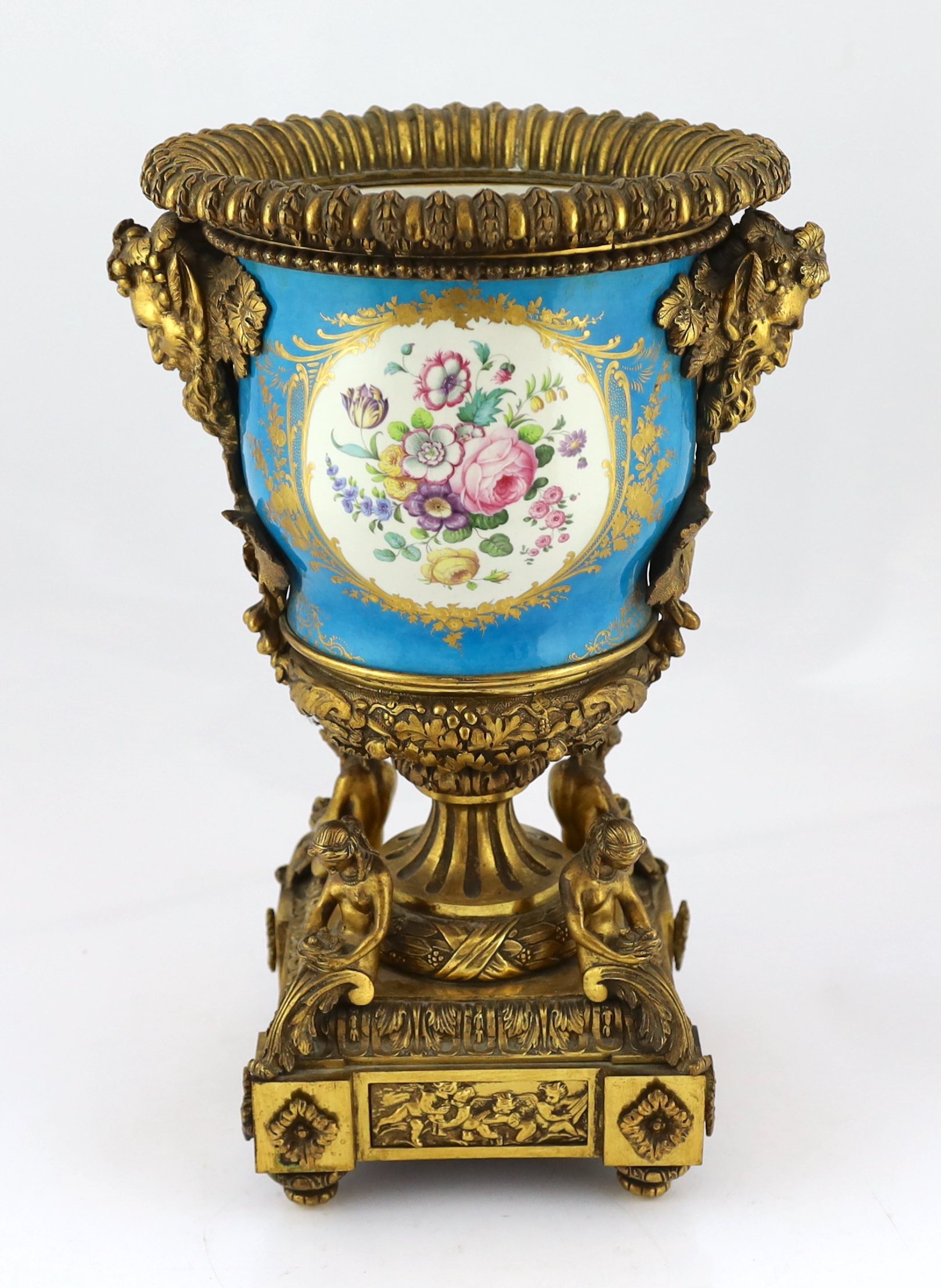 An impressive French Sevres style porcelain and ormolu mounted pedestal vase, 19th century
